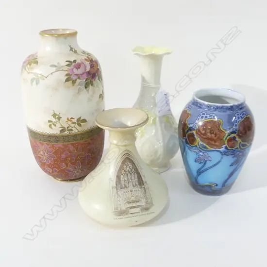 4 VASES; SHELLEY, ART NOUVEAU KELMSCOTT COLONIAL POTTERY, DOULTON BURSLEM H.200mm & BELLEEK