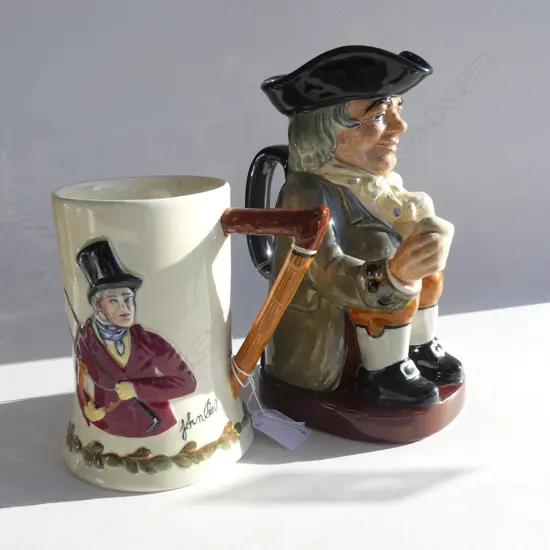 ROYAL DOULTON CHARACTER JUG 'HAPPY JOHN' (H225MM) + CROWN DEVON 'JOHN PEEL' MUSICAL TANKARD (H 150MM)