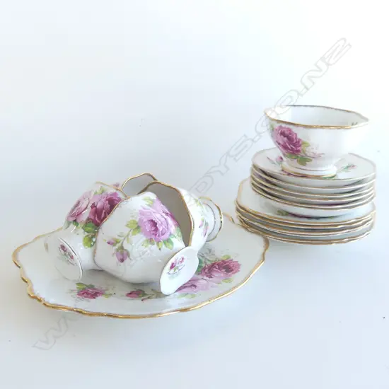 18 PCE ROYAL ALBERT AMERICAN BEAUTY TEA SET; 4 CUPS, 6 SAUCERS, 6 PLATES, CAKE PLATE, SUGAR
