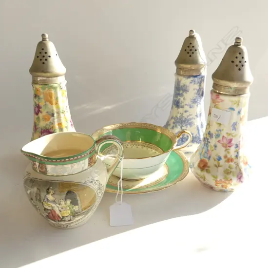 3 FLORAL SUGAR SIFTERS H.190mm + SOUP & SAUCER, 'CRIES OF LONDON' JUG