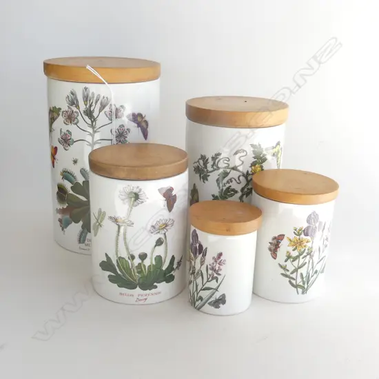 5 LIDDED PORTMEIRION GRADUATED CANISTERS H.210mm