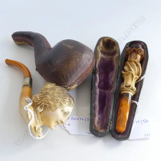 CASED MEERCHAUM PIPE LADY PROFILE & CASED & CAS4ED CIGAR HOLDER 150 & 170MM