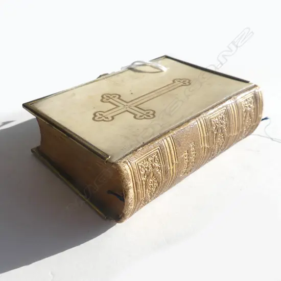 VINTAGE MINIATURE BRASS & FAUX IVORY COVERED BIBLE 