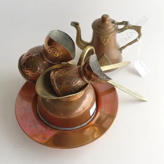 5 COPPER PCES; DISH, JUG, TEAPTOT, PR MEASURES