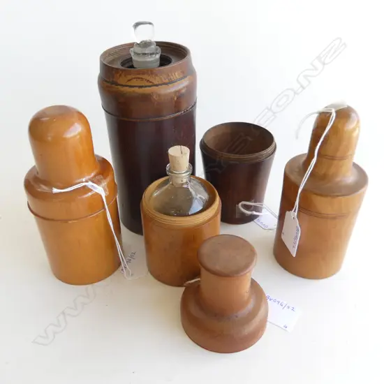 6 TREEN BOTTLE HOLDERS NO BOTTLES 130 TO 95MM