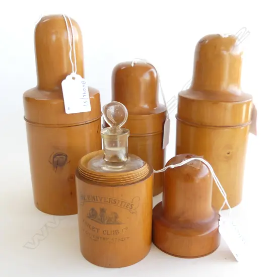 4 TREEN TOILET BOTTLE HOLDERS WITH BOTTLES 200MM & 150MM