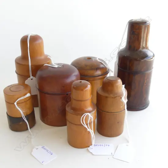 6 TREEN BOXES & BOTTLE HOLDERS 160 TO 70MM