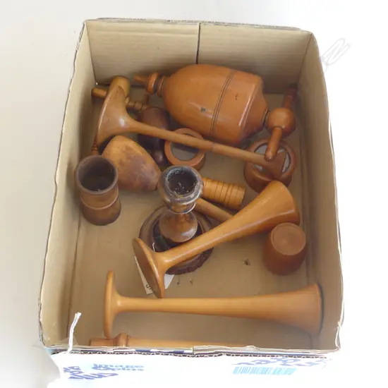 SMALL BOX OF 14 TREEN PCS BOXES VASES PRESS ETC