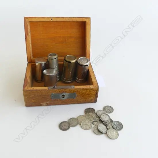 SMALL TREEN BOX 5 COIN DISPENCERS & SILVER THREEPENCES 110MM