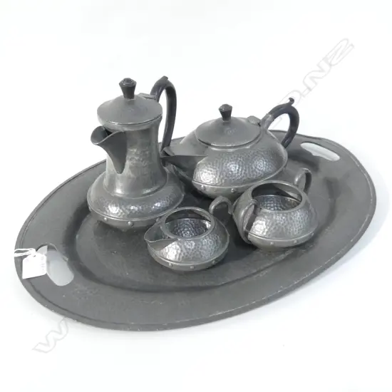LG VINTAGE PEWTER TEA SET; TRAY (L510MM) TEAPOT, COFFEE POT, SUGAR BOWL & MILK JUG