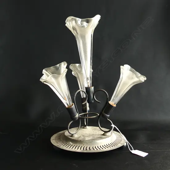 SILVER PLATE & CLEAR GLASS 4 HORN EPERGNE H.300mm