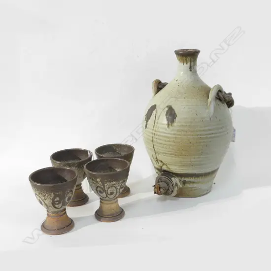 *vendor says donate* RETRO POTTERY WINE SET; 4 WINE GOBLETS & LG FLASK WITH TAP (CORK A/F) H. 310MM