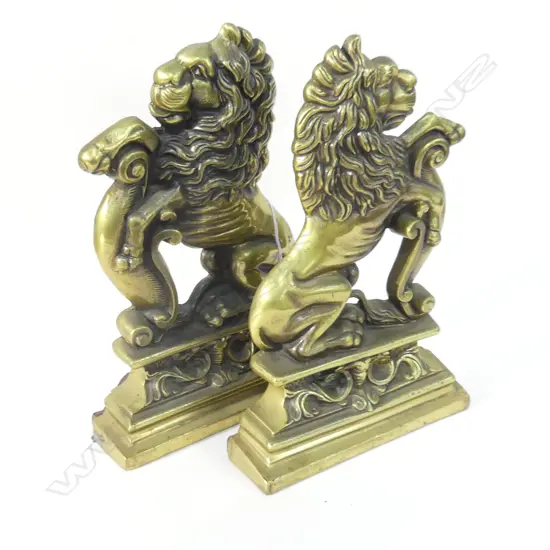 PR BRASS LION FIRE DOGS w. CAST IRON WEIGHTED BASES H.325mm