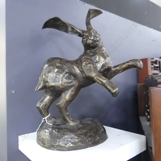 BRONZE STANDING HARE ON PEDESTAL BASE H. 400MM