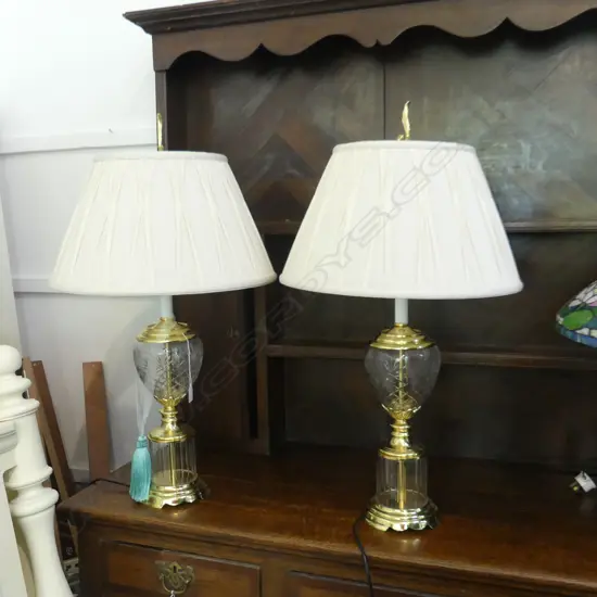 PR CRYSTAL & GOLD METAL LAMPS w. PLEATED WHITE SHADES H.825mm