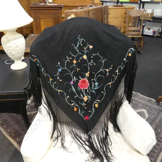 BLACK SILK SHAWL; EMBROIDERED & FRINGED