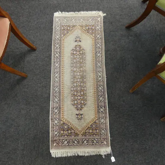 SML HAND KNOTTED SILK? / WOOL RUG (worn) 1200x470mm