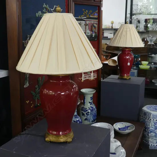 PR RED CERAMIC GINGER JAR LAMPS w. PLEATED CREAM SHADES H.780mm