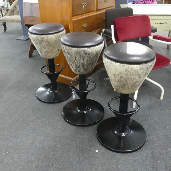 THREE BAR STOOLS; LEATHER & ANIMAL HIDE H.800mm