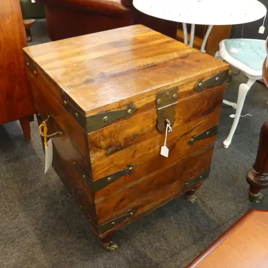 LG TEAK TREASURE CHEST / CUBE TRUNK - BRASS LEGS & CASTORS 480 SQ H. 630MM