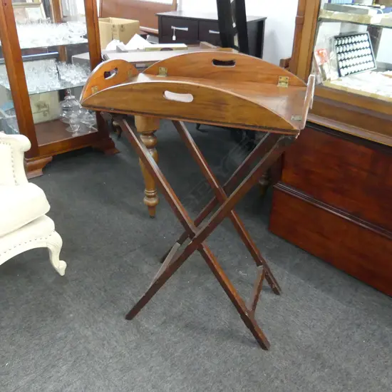 TALL MAHOGANY ANTIQUE BUTLERS TRAY ON LATER FOLDING STAND 480 X 715 X H 1100MM