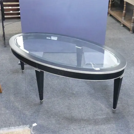 CONTEMPORARY ETHAN ALLEN EBONISED OVAL COFFEE TABLE - GLASS TOP 1320x715x490mm