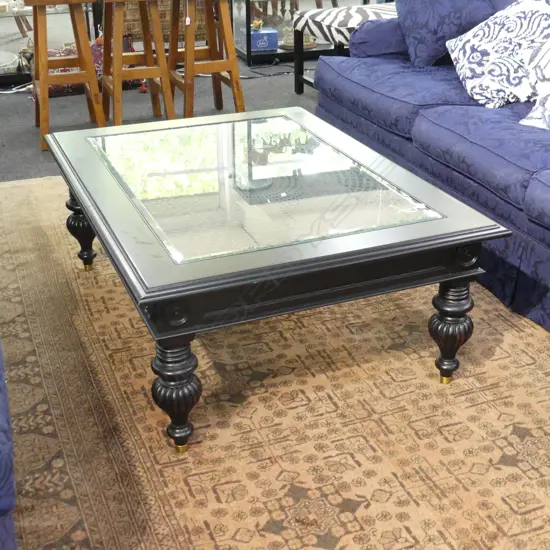 ETHAN ALLEN EBONISED COFFEE TABLE w. GLASS TOP INLAY 1240x915x465mm