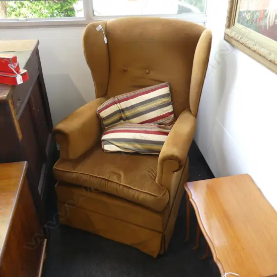 WING BACK PLATFORM ROCKER IN DARK TAN VELVET WITH CUSHION