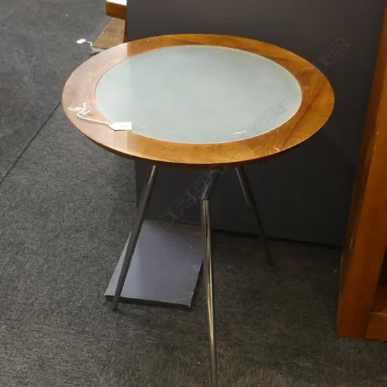 ROUND WOODEN FRAMED FROSTED GLASS COFFEE TABLE, METAL LEGS, DIA 510MM