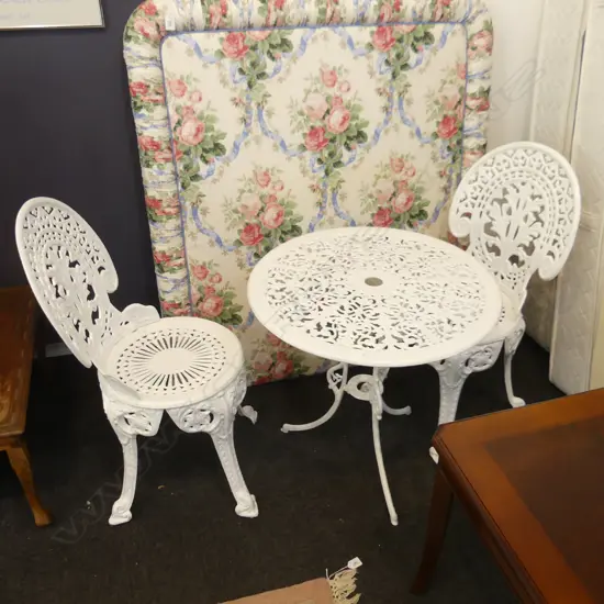 3 PCE WHITE PAINTED METAL OUTDOOR PATIO SET; TABLE & PR CHAIRS