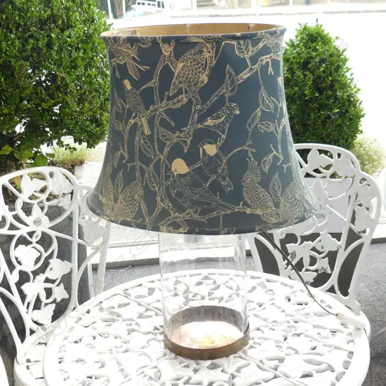 LAMP w GLASS BASE & GREEN BIRDS FABRIC SHADE H.630mm