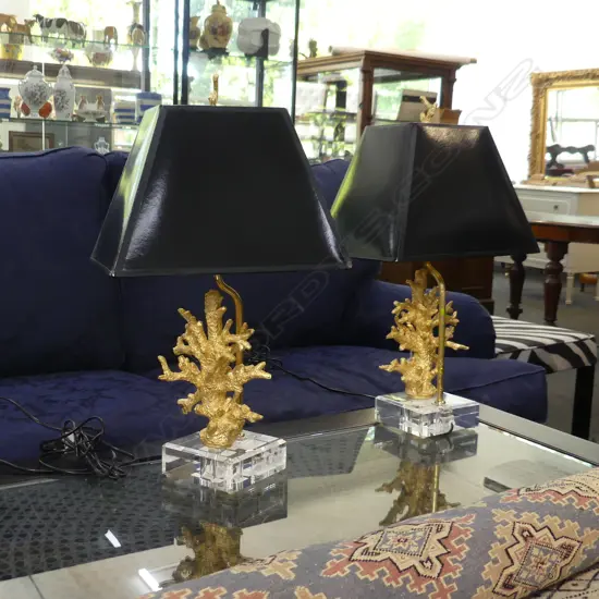 PR LAMPS w. GILDED FAUX CORAL ON CLEAR ACRYLIC BASES / BLACK SHADES H.630mm