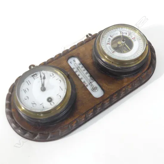 ANTIQUE OAK MOUNTED CLOCK & BAROMETER WEATHER STATION, L 380MM