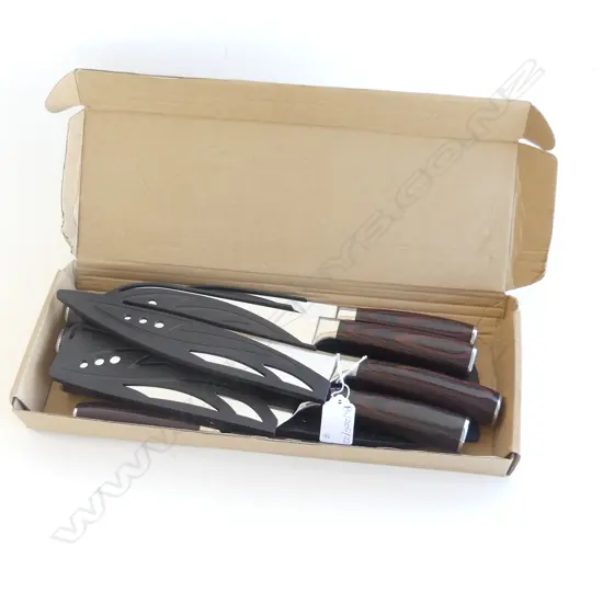 SET OF 8 JAPANESE CHEFS KNIVES w. LASER ETCHED DAMASCUS BLADE FINISH / EBONISED WOOD GRAIN HANDLES L.355mm