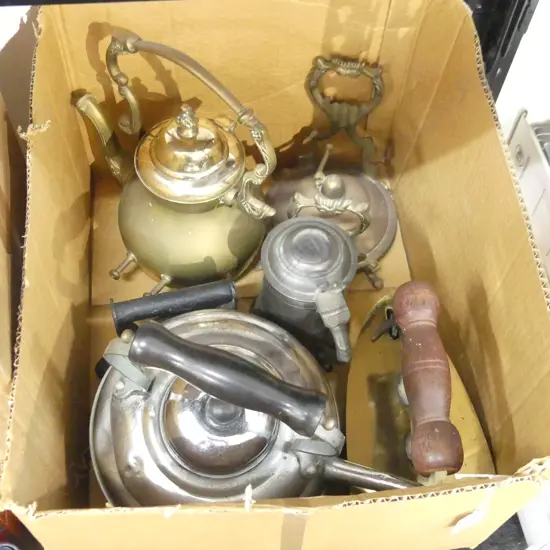 BOX ASST INCL BRASS IRON, PEWTER, SPIRIT KETTLE ETC...