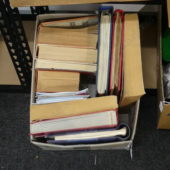 BOX LOT ASST. STANLEY GIBBONS CATALOGUES, WORLD STAMP ALBUMS ETC