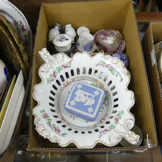 BOX ASST CHINA ETC. INCL SEVRES C&S, ORIENTAL PCS, WW JASPERWARE, LG INDIAN TREE FOOTED DISH ETC..
