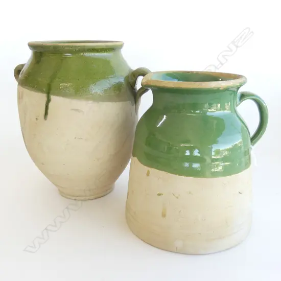 2 PCES POTTERY; JUG & CONFIT POT BOTH w. GREEN DIP H.240mm
