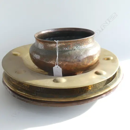 3 COPPER / BRASS WALL PLAQUES 390mm dia + HAND BEATEN COPPER BOWL