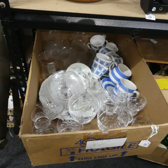 BOX ASST CRYSTAL & CHINA INCL CORNISHWARE ETC..