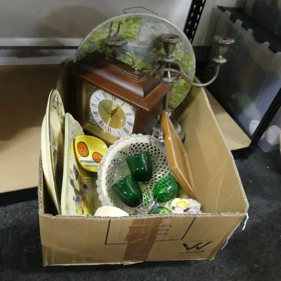 BOX LOT ASST. CHINA; ROYAL DOULTON PLATES, CLOCK, EP CANDELABRA ETC