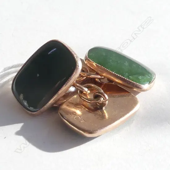 PR 9CT ROSE GOLD& POUNAMU VINTAGE CUFFLINKS (20725)