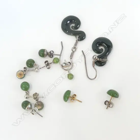 6 PRS ASST POUNAMU /GREENSTONE EARRINGS WITH SILVER & ROLLED GOLD, STUD & DROP 