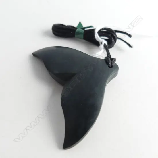 NZ POUNAMU (GREENSTONE) WHALE TAIL PENDANT (W60MM)ON BLACK WAXED ADJUSTABLE CORD