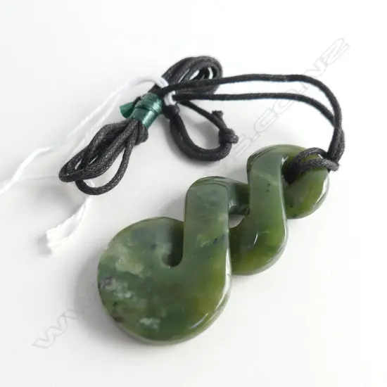 NZ POUNAMU (GREENSTONE) TRIPLE TWIST PENDANT (L55MM) ON BLACK WAXED ADJUSTABLE CORD (SYMBOL OF LOVE & FRIENDSHIP)