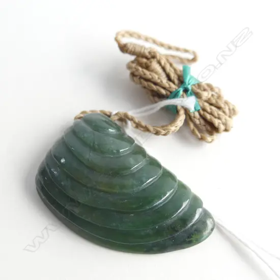 NZ POUNAMU (GREENSTONE) SHELL SHAPED PENDANT (L 48MM) ON TAN WAXED ADJUSTABLE CORD
