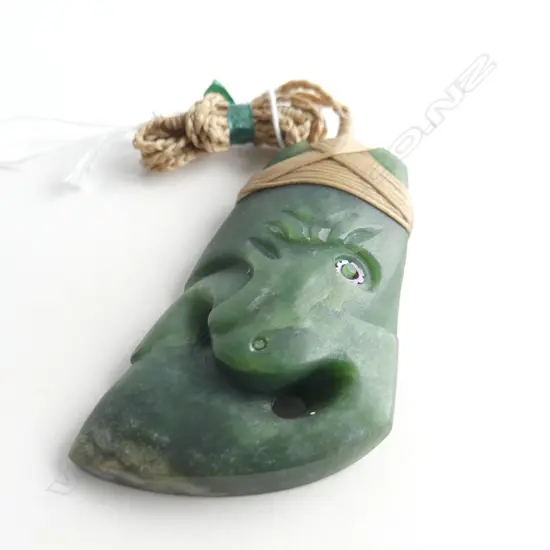 NZ POUNAMU (GREENSTONE) LG MANAIA TOKI PENDANT (L80MM) ON TAN WAXED ADJUSTABLE CORD