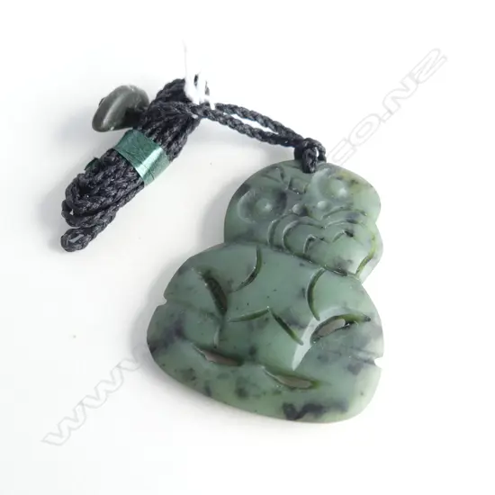 NZ POUNAMU (GREENSTONE) TIKI PENDANT (L55MM) ON BLACK WAXED ADJUSTABLE CORD
