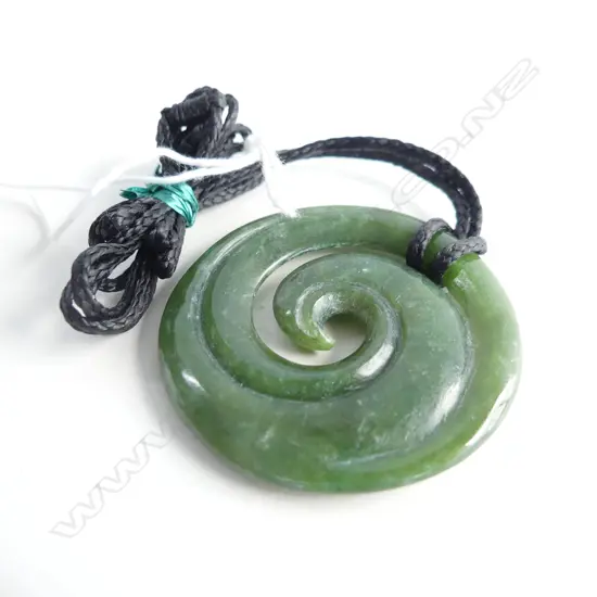 NZ POUNAMU (GREENSTONE) KORU PENDANT (DIA 45MM) ON BLACK WAXED ADJUSTABLE CORD