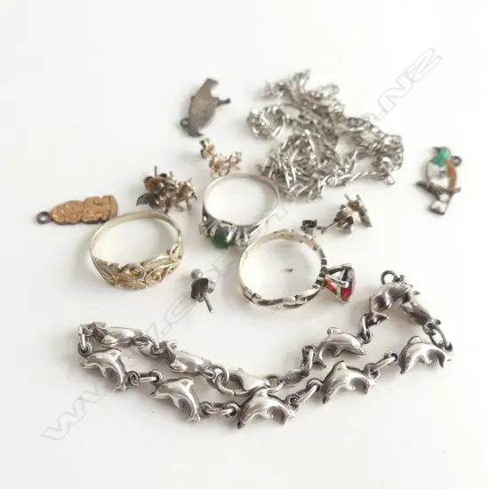 ASST SILVER JEWELLERY: DOLPHINS BRACELET + NECKLACE _ RINGS + earrings _ pr enamelled keruru etc